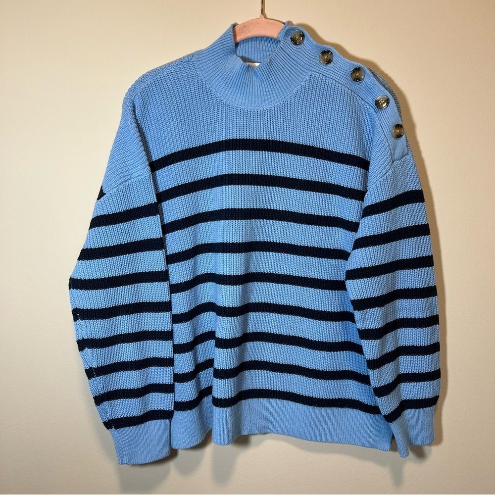 Loft Women’s Blue and‎ Navy Striped Mock Neck Button Sweater XLP